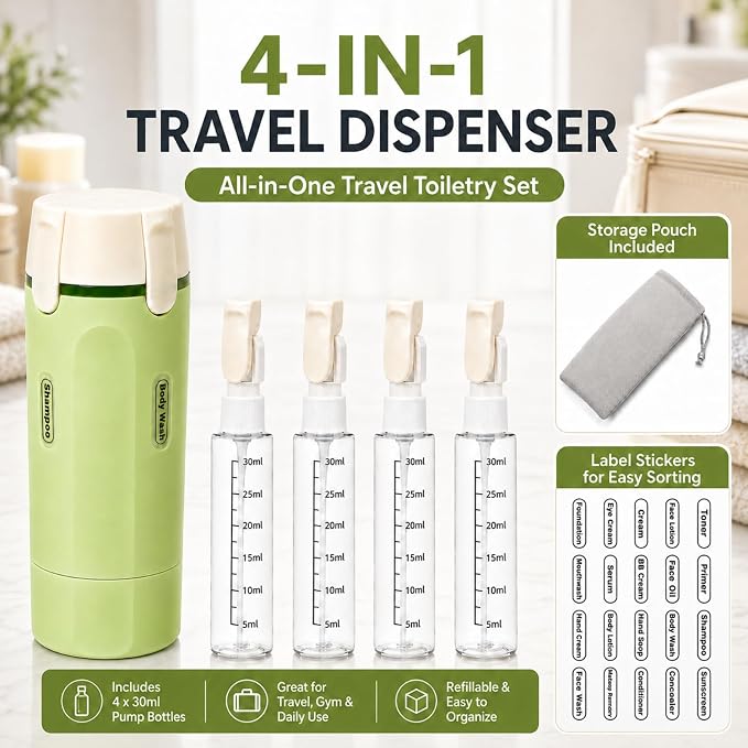 4 in 1 Travel Dispenser, Leak-Proof Travel Bottles with Storage Bag, 4 Refillable 30ml (1oz) Travel Containers for Toiletries, Portable Green Set for Shampoo, Body Wash, Lotion - Image 2