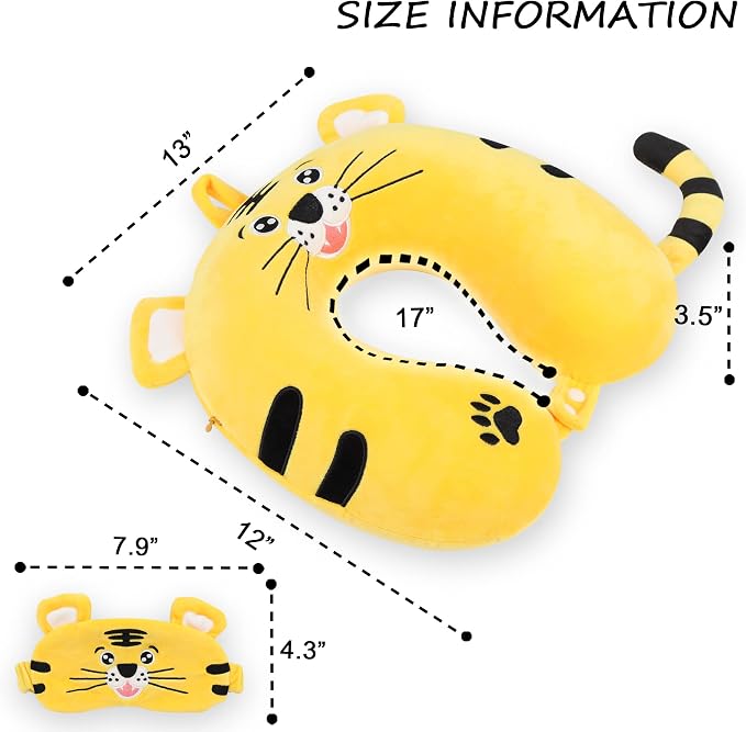 Sexysamba Cartoon Headrest & Neck Pillow for Kids Boys & Girls, Teens, Travel Accessories for Airplane, Car, Recline, Memory Foam Cute Travel Pillow with Sleep Eye Mask - Tiger - Image 2