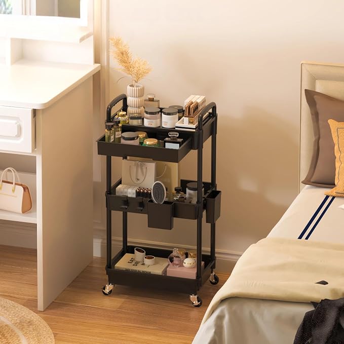 3 Tier Rolling Utility Cart with Drawer, Plastic Storage Organizer Rolling Carts with Wheels Handles Hanging Cups Hooks for Office, Bathroom, Kitchen,Craft Art Room (Black) - Image 9