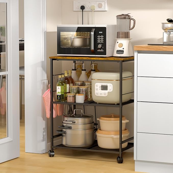 ThreeHio Rolling Kitchen Microwave Cart, 3 Tier Microwave Table Stand with Storage, Kitchen Utility Cart on Lockable Wheels, Small Coffee Cart Shelf Rack Organizer for Living Room Office, Balcony - Image 2