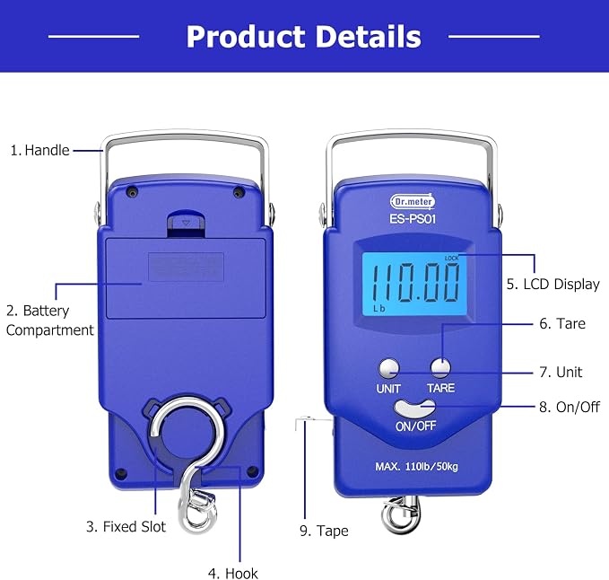Dr.meter Fish Scale, 110 lb Digital Luggage Scale with Tape | 110 lb Capacity, Backlit LCD, Built-In Tape, Includes 2 AAA Batteries, Compact Pocket Size - Image 7