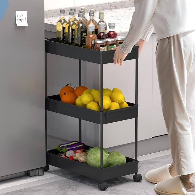 3 Tier Rolling Cart with Wheels, Storage Craft Art Trolley Organizer Serving, 3 Hanging Baskets Easy Assembly, for Office, Bathroom，Living Room, Kitchen, Black - Image 6
