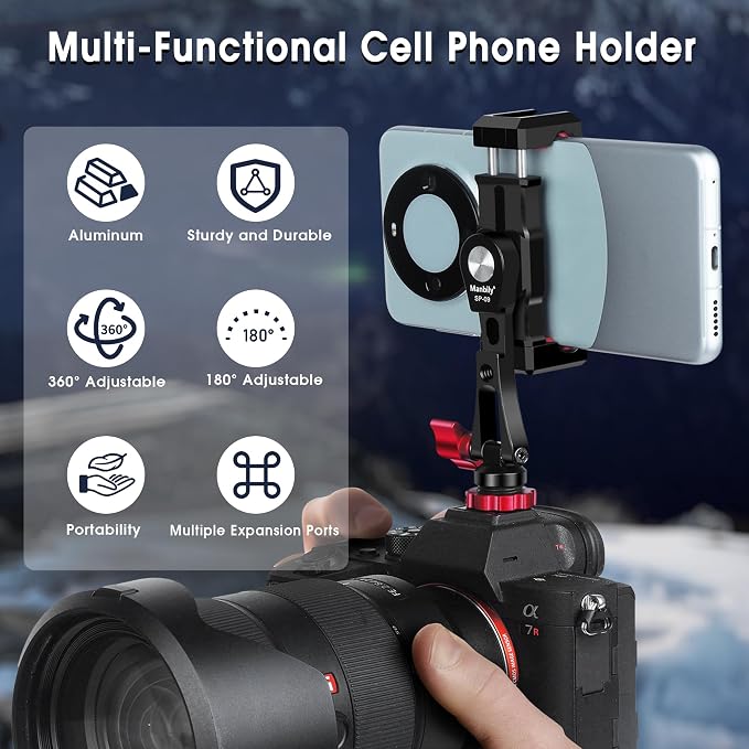 Phone Tripod Mount, Metal Smartphone Mount Adapter Camera Hot Shoe Mount, 360° Swivel 180° Flip Adjustable Phone Holder for Microphone LED Light（SP-09 - Image 2