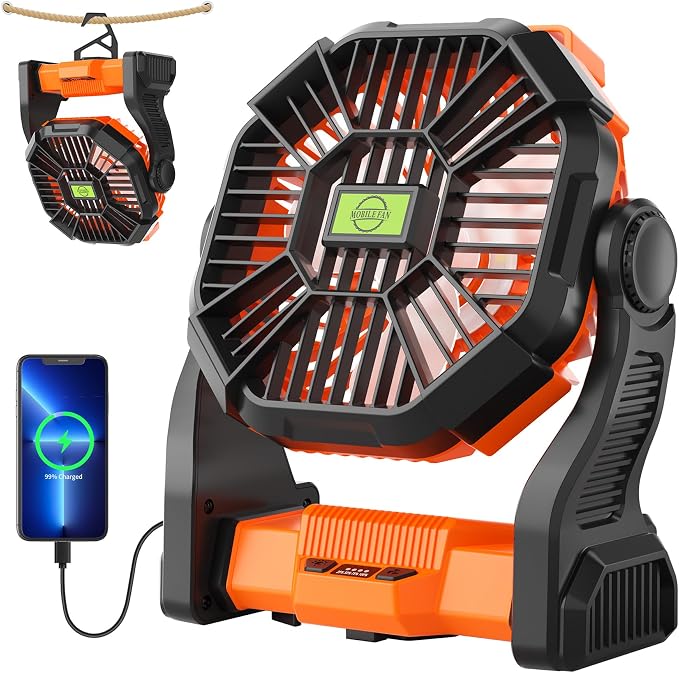 20000mAh Portable Fan Rechargeable Battery Powered Fan Camping Essentials | TDLOL Cordless Rechargeable Battery Operated Camping Fan with Light & Hook,USB Personal Fans Outdoor Beach Tent Travel Desk by TDLOL