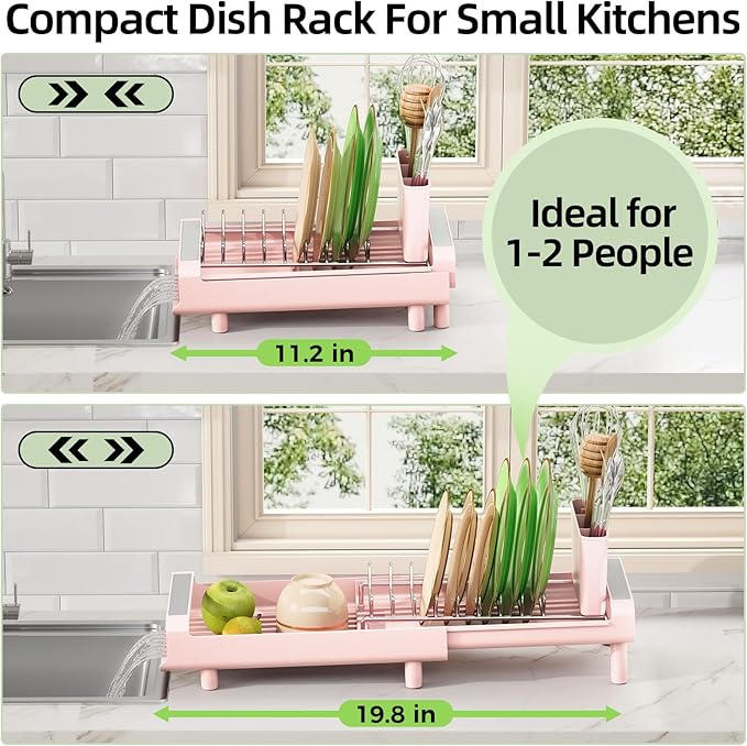 TOOLF Small Dish Drying Rack, Expandable and Space-Saving, Pink | Mini Dish racks for kitchen counter, Compact Design Fits Sink or Counter, Stainless Steel Plate Rack, 11"-19.3"L×7.7"W×3.54"H - Image 2