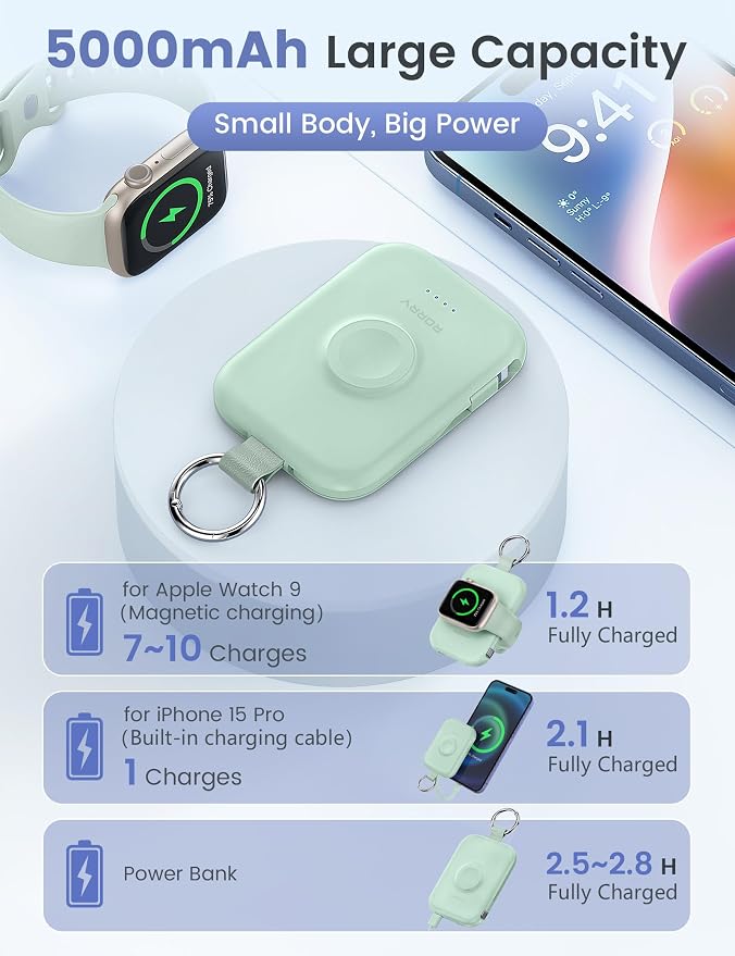 RORRY CharmGo Portable Charger, 5000mAh Portable Charger Power Bank | Built-in Cables,Travel Keychain Battery Pack Essentions for Apple Watch 1~11 Series/Ultra/SE & iPhone Air/17/16/15/14/13/12 - Image 3