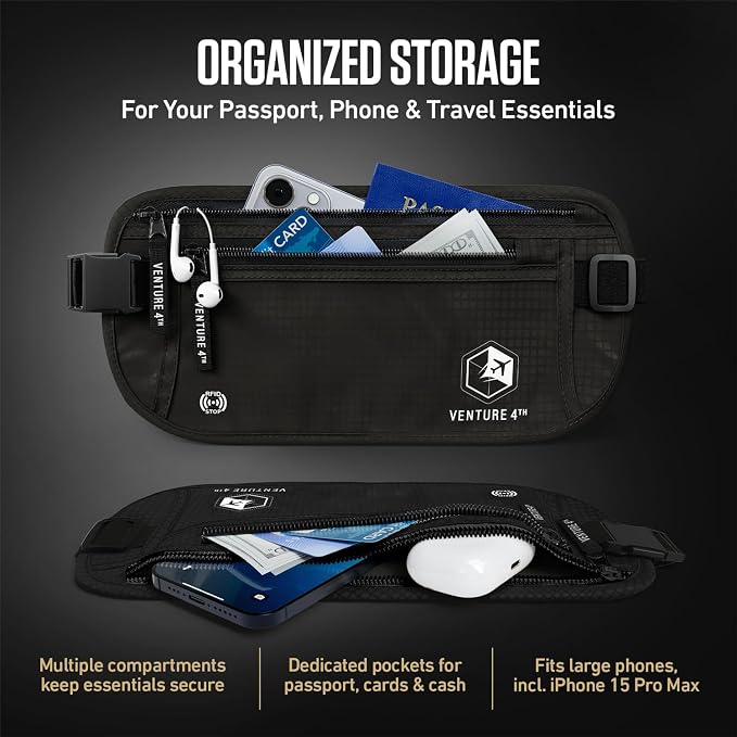VENTURE 4TH Travel Money Belt, RFID Blocking Passport Holder - Pure Black - Image 5