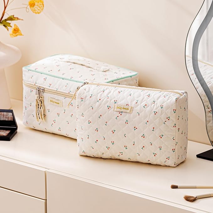 HBselect Quilted Makeup Bag, 3Pcs Cotton Large Travel Makeup Bags Organizer | Cute Floral Make up Bag Cosmetic Bag Toiletry Bag for Women Girls, Makeup Pouch for Skincare, Brushes & Travel Essentials - Image 4
