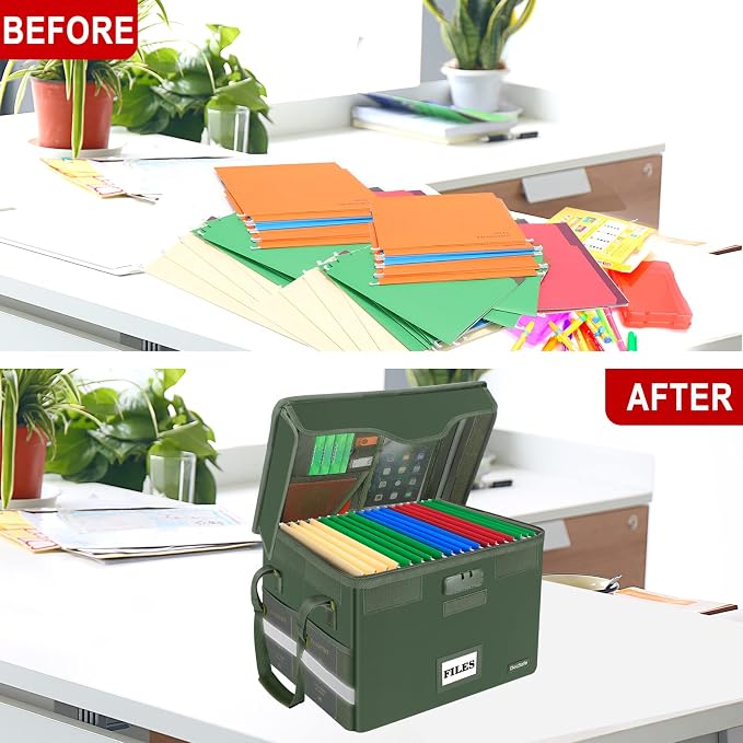 DocSafe Fireproof Document Box with Lock,File Storage Organizer with Mesh Pockets＆Lid,Collapsible Portable File Box Home Office Safe Filing Cabinet with Handle for Hanging Letter/Legal Folder,Green - Image 7