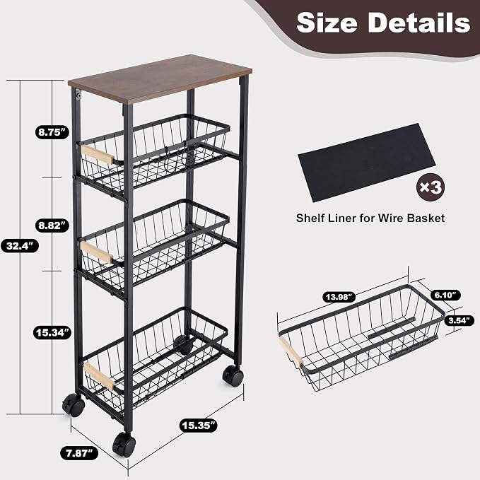 Narrow Rolling Cart with Wheels, 4-Tier Slim Metal Storage Cart with Pull-Out Baskets, 7.87 Inch Width Small Laundry Room Organizer Cart, Space-Saving for Kitchen, Bathroom - Image 4
