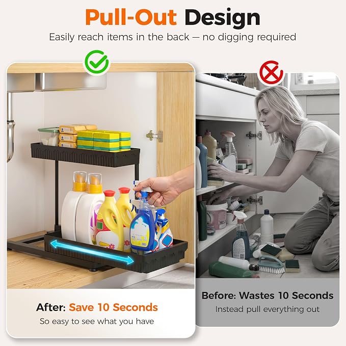 3-Pack 2-Tier L-Shaped Under Sink Organizers with Sliding Drawers | Multi-use kitchen & bathroom storage, 14.85 inch black cabinet organizer, space-saving sliding drawer design. - Image 2
