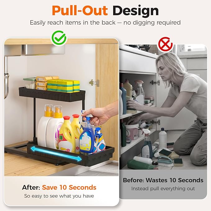 3-Pack 2-Tier L-Shaped Under Sink Organizers with Sliding Drawers | Multi-use kitchen & bathroom storage, 12.85 inch black cabinet organizer, space-saving sliding drawer design. - Image 4