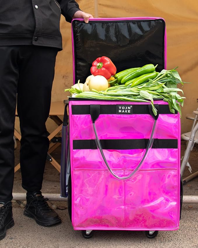 Reusable Grocery Bag On Wheels (Medium, Glitter Pink), Shopping Trolley, Rolling Tote with 8 Pockets and Zipper Cover, Foldable, Heavy Duty Handles, Carries Up to 66 LBS - Image 3