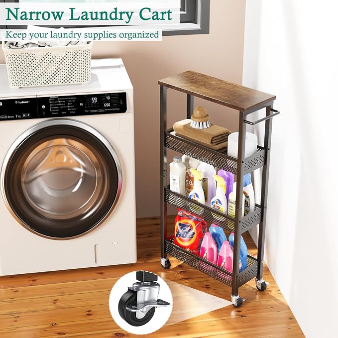XYZLVSI Utility Slim Storage Cart, 4 Tier Kitchen Narrow Shelf on Wheels | 7.1" W skinny rolling cart with wooden top and metal handle, ideal for bathroom/dorm/office, between washer and dryer storage - Image 4
