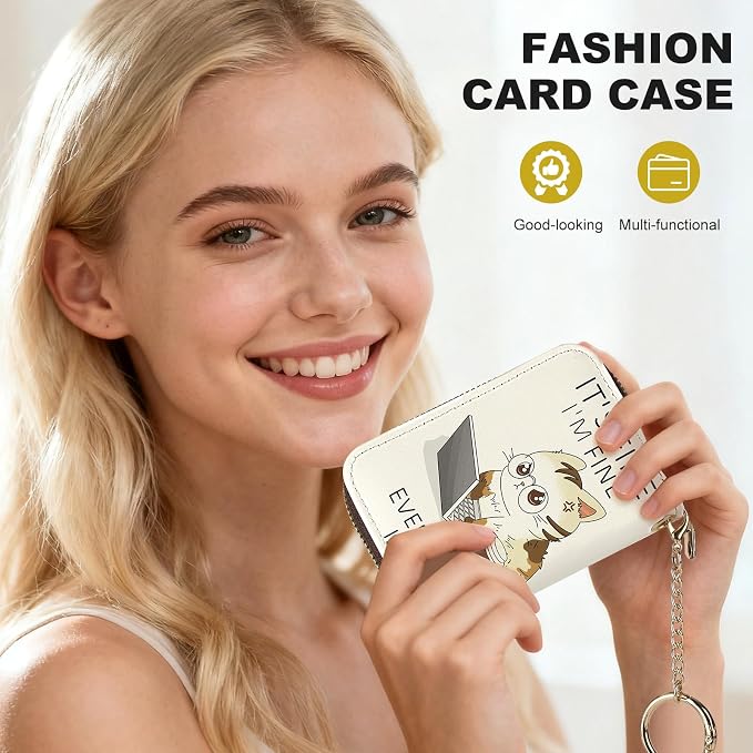Credit Card Holder for Women,Small Rfid Wallet with Keychain Zipper,Cute PU Leather Card Case Wallet，Accordion Credit Card Wallets Gift,Angry Cat - Image 6