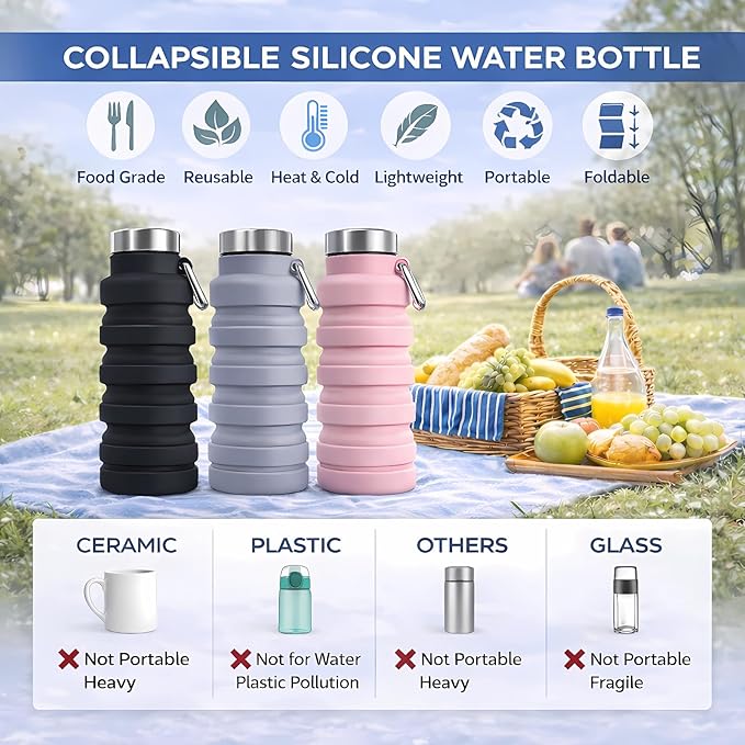 Collapsible Water Bottles,16oz Capacity Portable Reusable Silicone Water Bottle,Leak-proof,with buckle,foldable storage,Lightweight Durable for Fitness,Cycling,Sports,Camping,Hiking (Black+Blue) - Image 3