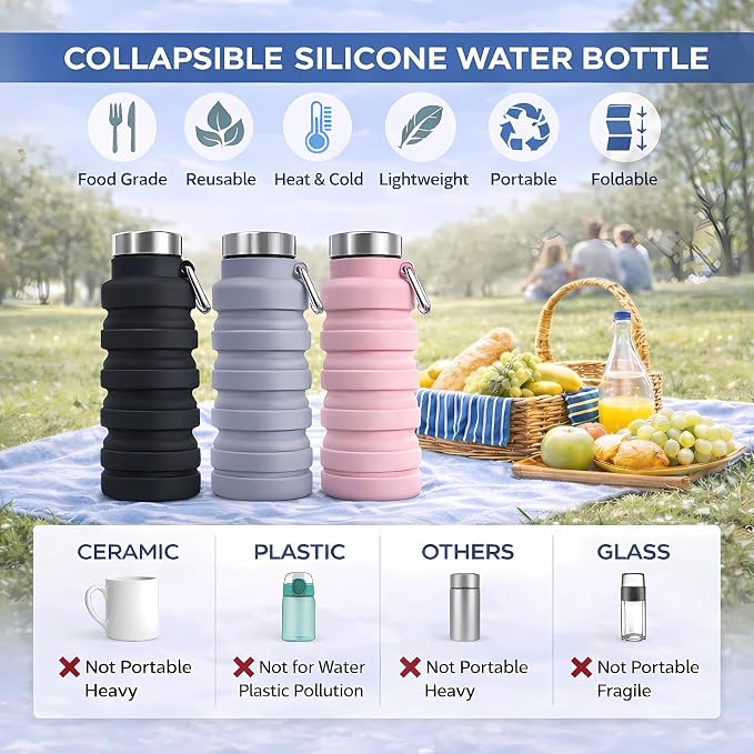 Collapsible Water Bottles,16oz Capacity Portable Reusable Silicone Water Bottle,Leak-proof,with buckle,foldable storage,Lightweight Durable for Fitness,Cycling,Sports,Camping,Hiking (Grey+Green) - Image 3