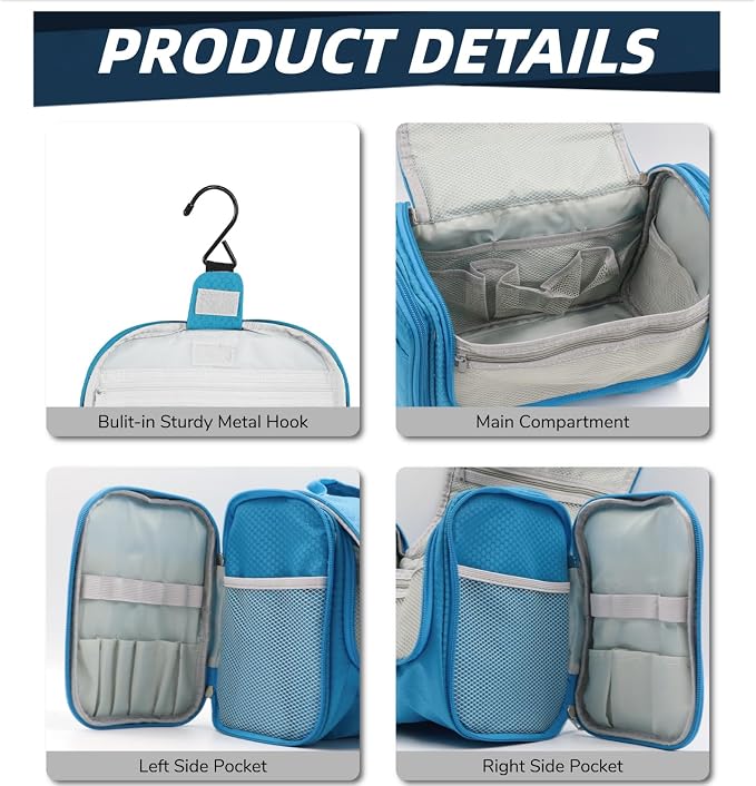Buruis Hanging Toiletry Bag for Women and Men, Cosmetic Bag, Light Blue | Honeycomb Nylon Design, Large Capacity, Dual Zippers, Sturdy Hanging Hook, Full-Size Toiletry Storage, Cosmetic Essentials - Image 4