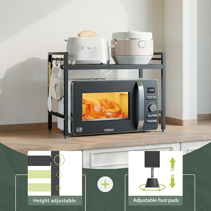 2 Tier Expandable Microwave Stand countertop,Microwave Oven Rack | microwave shelf, storage shelves for pans &appliances,Adjustable partition height，8 Hooks，55lbs max load,Black - Image 4