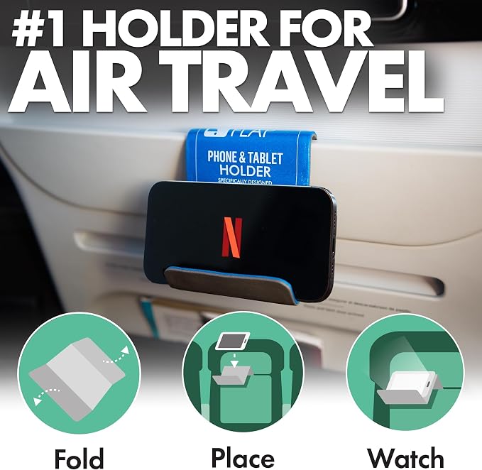 Airplane Phone Holder - Foldable Phone Stand for Plane Travel | Aluminum Build, 9 x 4.3 in. Matte Blue Finish, Tabletop Mount Desk, Plane Tray Seat back, Treadmill, Fits iPhone Cell Phone - Image 2