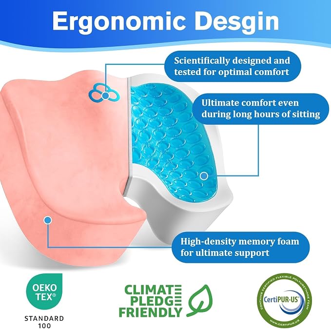 CushyOasis Seat Cushion, Gel Memory Foam Office Chair Cushions, (Pink) | Anti-Slip Back & Removable Cover, Ergonomic Tailbone Support Seat Cushion, Memory Foam Seat Cushion for Office - Image 2