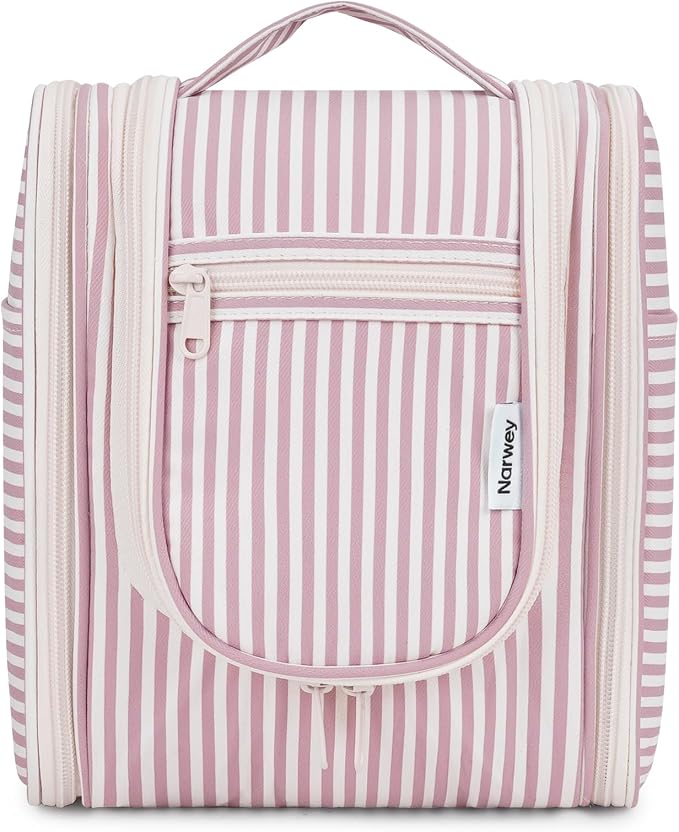 Narwey Small Striped Hanging Travel Toiletry Bag for Women, Travel Bag for Toiletries, Makeup Bag Organizer Cosmetic Bags Make Up Bags for Women (Dusty Rose Stripe) by Narwey