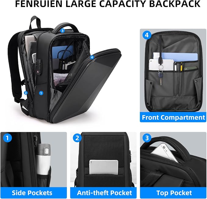 FENRUIEN Anti Theft Laptop Backpack for Men, Expandable Water Resistant Hardshell Backpack with USB Port, Black Business Travel Computer Bag 15.6 Inch - Image 3