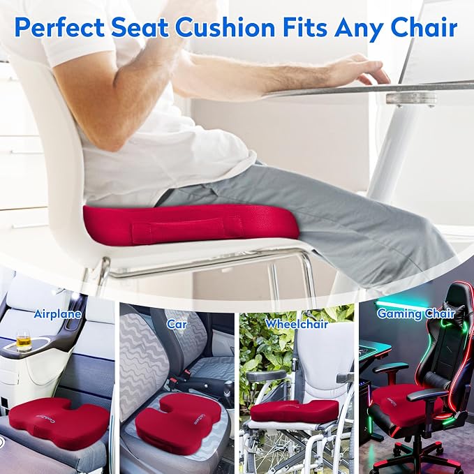CushZone XXL Memory Foam Seat Cushion for Office & Car, Red | U-shaped Coccyx Cutout, Contoured Design, Breathable Removable Mesh Cover, Non-Slip Base, Carry Handle - Image 5