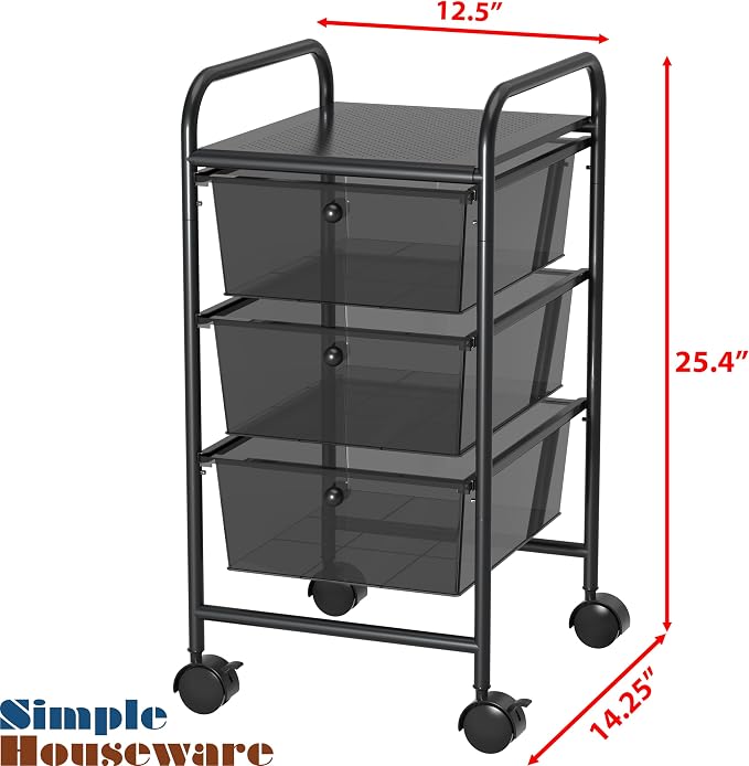 Simple Houseware 3 Drawers Rolling Utility Cart Art Craft Organizer, Black | 1-Column, 25.4" Height, Lockable Wheels, for School, Office, Art Craft, and Paper Storage - Image 3