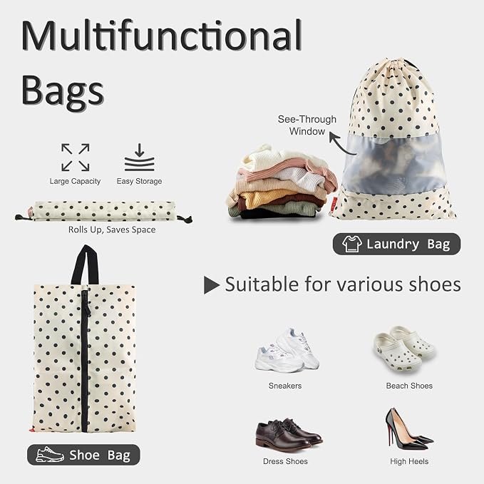 U+U 5 Set Packing Cubes, Travel Organizers with Shoe Bag (Polka Dot) | Ultralight Design & Easy Travel Organization - Image 4