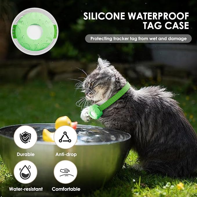 Smart Cat GPS Tracker, Cat Tracker Collar with Safety Elastic Buckle, Compatible with Apple Find My App (Only iOS), No Monthly Fee, Waterproof (White Tracker, Green Cat Collar) - Image 6
