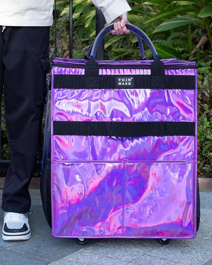 Reusable Grocery Bag with Wheels, Large Glitter Purple Rolling Tote - Image 7