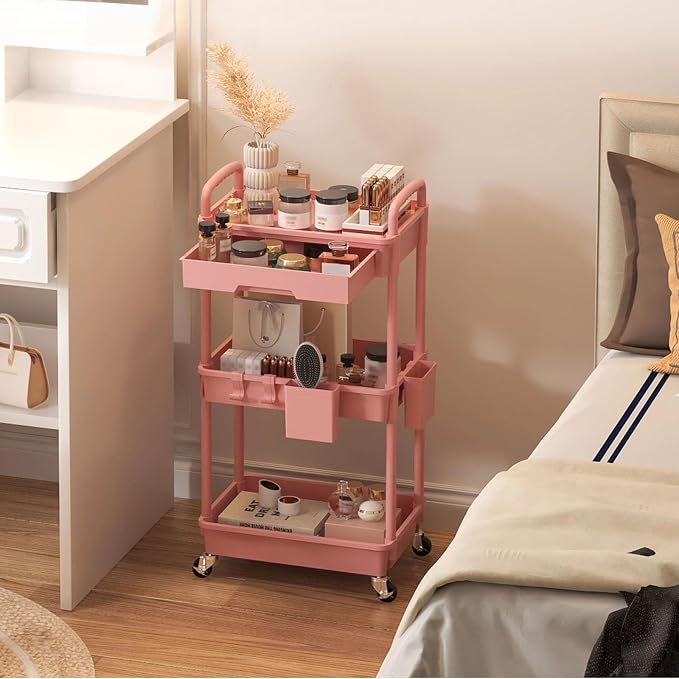 3 Tier Rolling Utility Cart with Drawer, Plastic Storage Organizer Rolling Carts with Wheels Handles Hanging Cups Hooks for Office, Bathroom, Kitchen,Craft Art Room (Pink) - Image 9