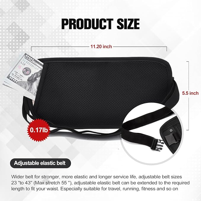 Unisex Money Belt For Men and Women, Slim Passport Holder RFID Blocking Travel Essentials Pouch with Adjustable Strap Small Waist Pouch for Workout Running Travelling Hiking, Black & Light Grey - Image 6
