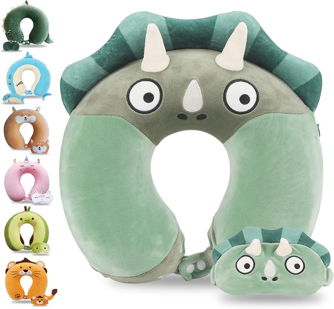 Sexysamba Cartoon Headrest & Neck Pillow for Kids Boys & Girls, Teens, Travel Accessories for Airplane, Car, Recline, Memory Foam Cute Travel Pillow with Sleep Eye Mask - Green Triceratops by Sexysamba