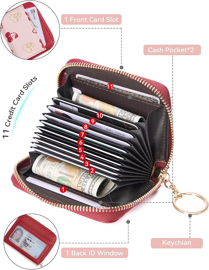 BOSTANTEN Credit Card Holder Small RFID Wallet Women with Keychain Wristlet | Compact, Accordion Design, Easy Organization, Fits Small Purses, Pebble Leather, Perfect Gifts, Cherry Print - Image 2
