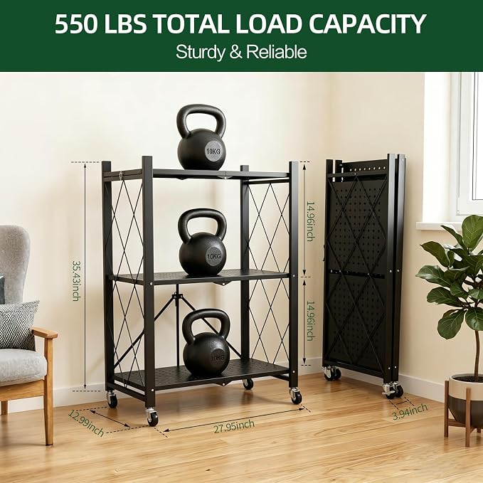 3-Tier Foldable Storage Shelf with Wheels – Heavy Duty 550 LBS Capacity, Collapsible Metal Steel Rolling Rack for Garage, Kitchen, Pantry, Office – Black - Image 2