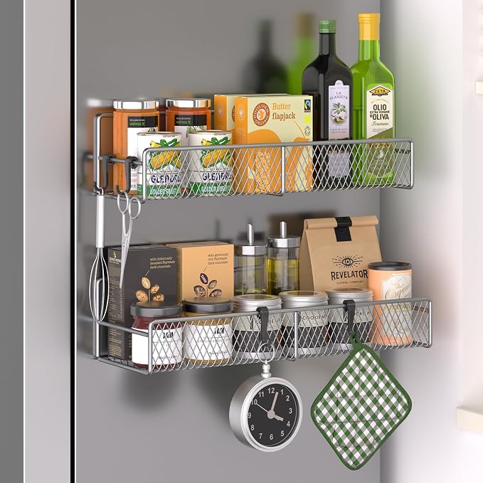 Magnetic Spice Rack for Refrigerator, 2 Pack Metal Magnetic Shelf Grey, Moveable Spice Organizer with Hooks, Super Magnetic Fridge Shelf for Kitchen Organization and Storage by DTUQYX
