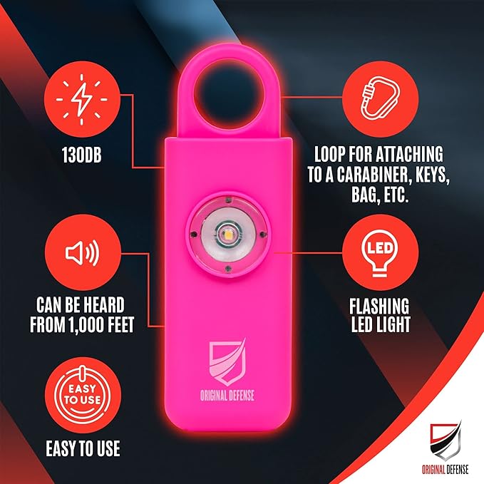 Original Defense® Siren Self-Defense Alarm - 130 dB Keychain Alarm with LED Strobe Light for Women, Children, and Elderly - Police Recommended - (Magenta, 1 Count) - Image 2