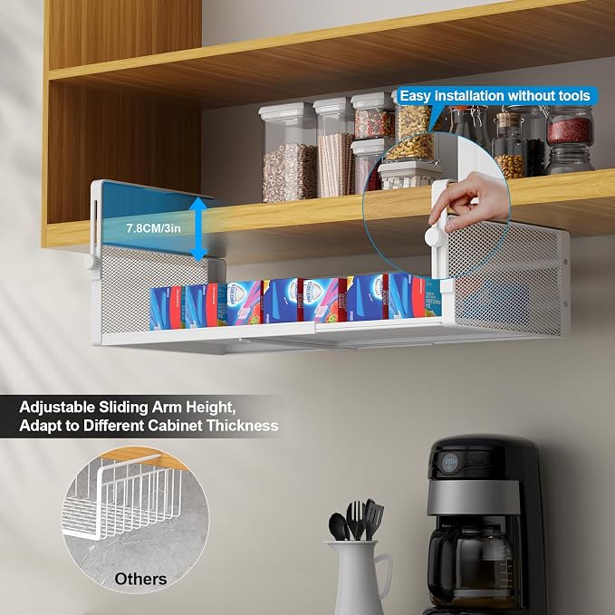 AmonHouseware 2Pack Expandable Under Shelf Storage Basket Organizer, White | Adjustable Hanging,Length Stretchable14.9-22.6Inch,Under Cabinet Shelf for Laundry Room Kitchen Pantry Desk Counter Cupboard - Image 3
