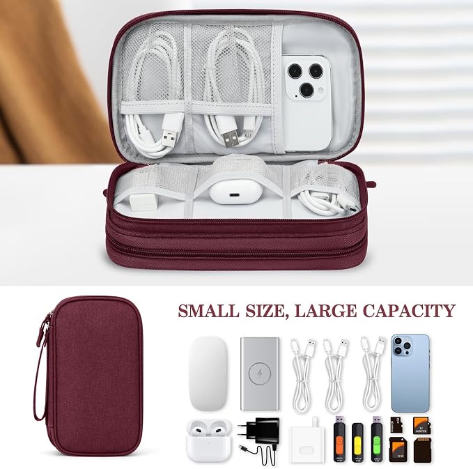 FYY Electronic Organizer, Travel Tech Pouch Bag, Medium, Wine Red | Wrist Strap, Waterproof, Double Layers Portable Electronics Travel Carrying Case for Cord, Charger, Daily Business Trips Use - Image 6
