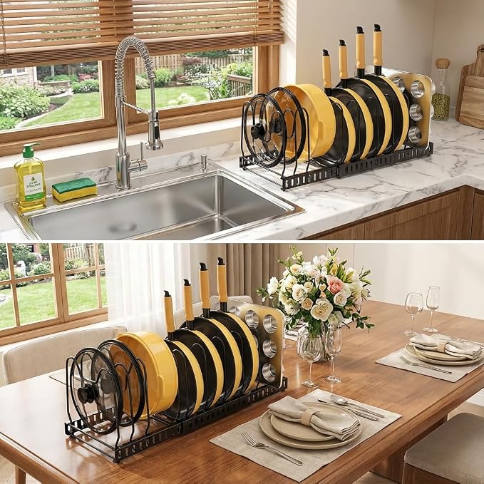 Pot and Pan Organizer Rack for Cabinet & Countertop, 3‑Tier Expandable Holder with 12 Adjustable Compartments, Kitchen Storage for Pan Lid, Cutting Board, Cookware & Bakeware, Black - Image 8