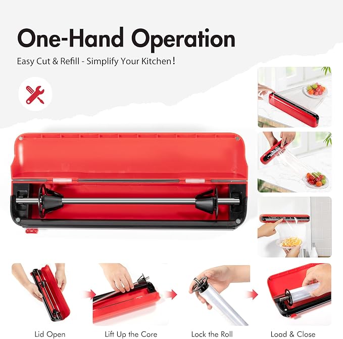 Aluminum Foil & Plastic Wrap Dispenser with Cutter - Easy One-Hand Operation, Space-Saving Kitchen Organizer for Worktops & Cabinets, Magnetic Cling Film Dispenser - Fits 12" Rolls, Red - Image 5