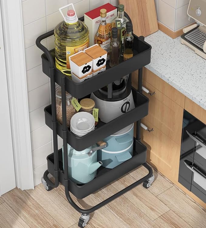 Sooyee 3 Tier Metal Utility Cart with Handle and Lockable Wheels, Black | Rolling Cart Multi-Functional Storage Cart for Office, School,Living Room, Kitchen, Bathroom, Bedroom,Laundry - Image 2
