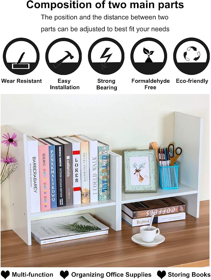 Adjustable Desktop Shelf Wood Small Bookshelf Desk Supplies Organizers and Accessories Storage Display Rack Office Decor, White - Image 5