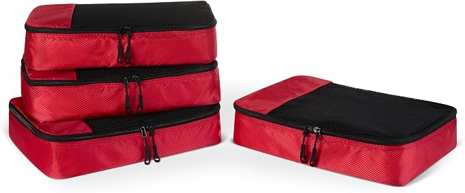 Amazon Essentials 4-Piece Packing Cubes Travel Accessories Set, Luggage Organizer with Double Zipper, Mesh Top, Space-Saving, Medium, Red (Previously Amazon Basics) by AmazonEssentials