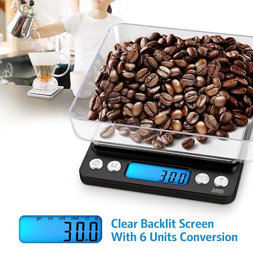 AMIR Digital Kitchen Scale, 3000g 0.01oz/0.1g Pocket Cooking Scale, Mini Food Scale, Pro Electronic Jewelry Scale with Back-Lit LCD Display, Tare & PCS Functions, Stainless Steel, Black - Image 4