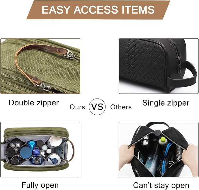 BAGSMART Toiletry Bag for Men, Canvas Travel Toiletry Organizer Dopp Kit Water-resistant Shaving Bag for Toiletries Accessories,Green-Large - Image 5