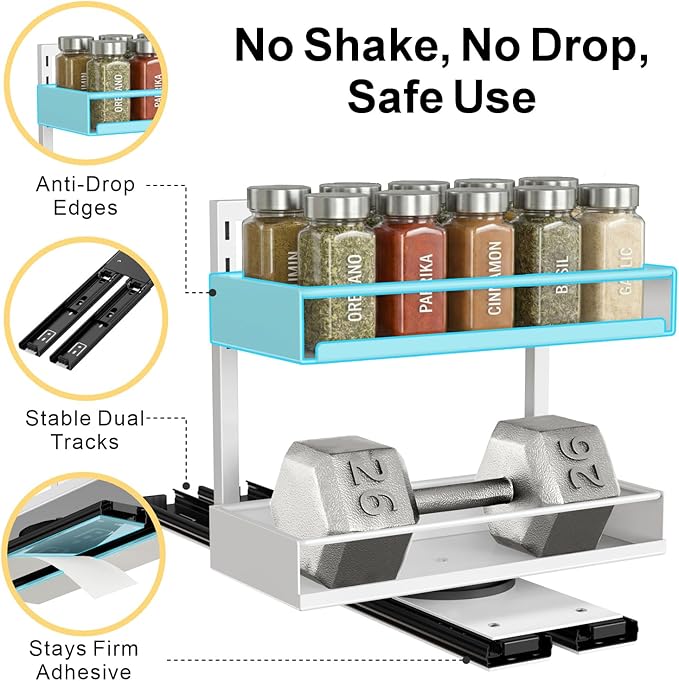 Vertical Spice Rack Pull Out - 2 Pack Spice Organizer for Cabinet | For Flat-Front Cabinets Only, Pull-Out Rotating Access, No-Drill Mount, Keeps Spices Visible Easy to Reach, Adjustable Height - Image 7