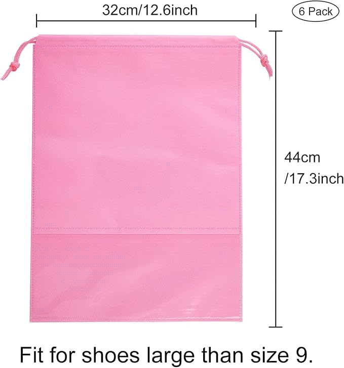 6 Pcs Travel Shoe Bags, ULIFEMALL Large Non-Woven Drawstring Shoes Storage Bag with Transparent Slot Clear Window Portable Waterproof Dustproof Shoes Pouch Packing Organizer for Men Women, Pink - Image 2